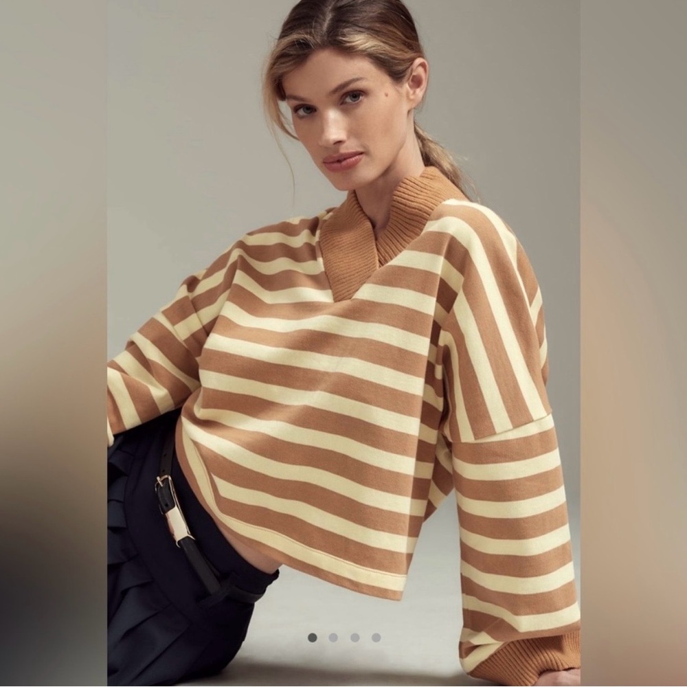 Maeve Anthropologie Camel and Cream Striped V-Neck Sweater